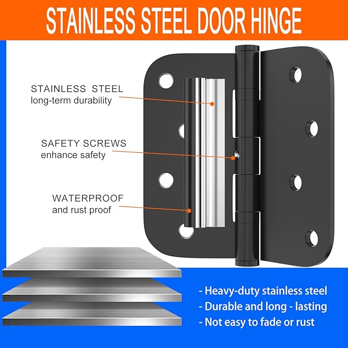 3-Pack Stainless Steel Hinges, Exterior Door Hinge, Ball Bearing Door Hinge, 4 inches, 5/8 inch Rounded Corners, Heavy-Duty Hinge for Commercial Indoor and Outdoor use