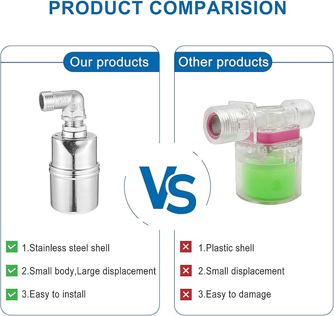 Mornajina 1/2" 3/4" 1" Automatic Float Valve, 304 Stainless Steel Fully Automatic Water Level Control Float Valve, Auto Shut Off Ball Mini Float Valve for Pool, Fish Tank, Livestock Troughs, Pond