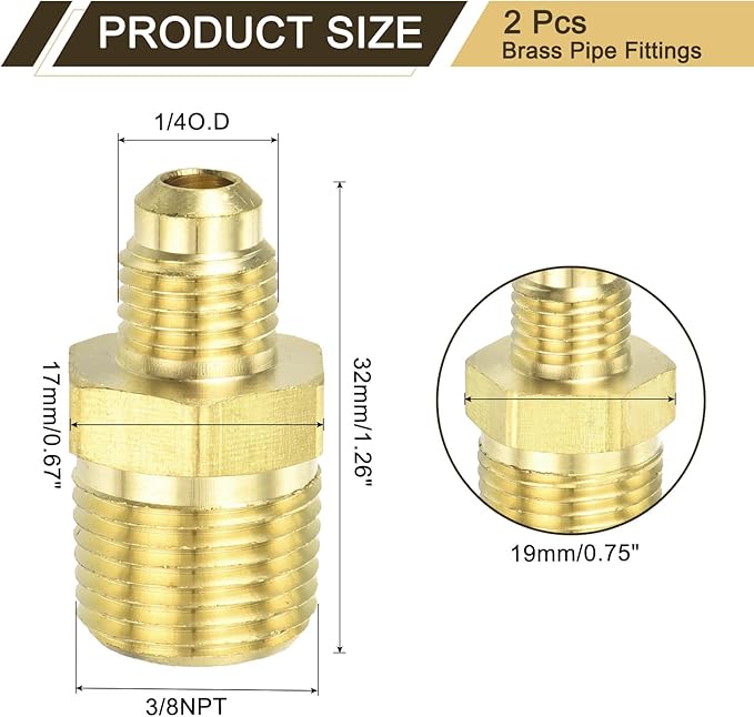 uxcell 2Pcs Brass Tube Fitting, 1/4O.D x 3/8NPT Brass Flared Pipe Adapter Fittings Reducing Nipples Connector, Half Union Gas Adapter for Pipe Connections, Hydraulics, Refrigeration