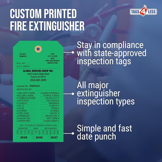 Tags 4 Less Custom Fire Extinguisher Tags – Preventative Maintenance Labels for Monthly Inspections, Alternative to Safety Sticker for Easy Record-Keeping – Pack of 100 (Dark Green, Cardboard)