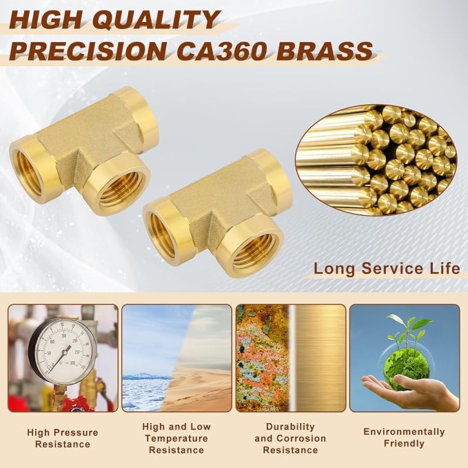 5pcs 1/4" Brass Tee Fittings 1/4" NPT Female Pipe to 1/4" NPT Female Pipe to 1/4 Inch NPT Female Brass Barstock Street Tee Pipe Fittings 3 Way Forged Brass Fittings