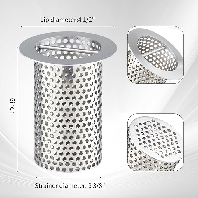 Commercial Floor Drain Strainer, 4 1/2" Lip Diameter x 6" Tall 316 Perforated Cylindrical Mesh Stainless Steel Drain Strainer with Carry Handle for Restaurant/Factory/Kitchen/Laboratory