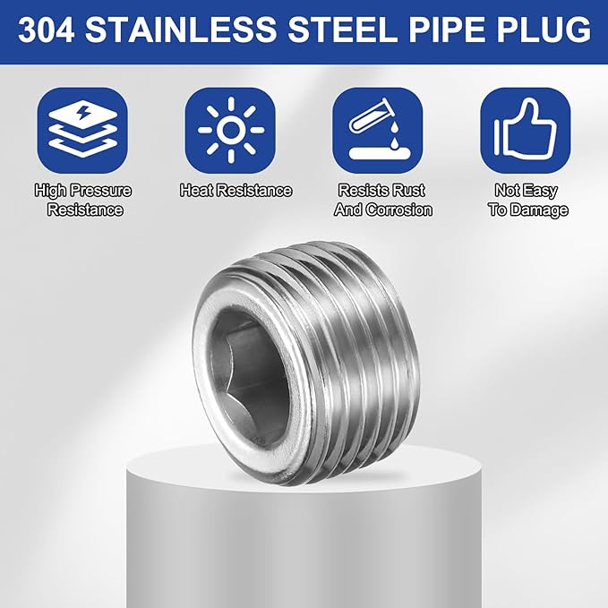 PATIKIL 5 Pcs 304 Stainless Steel Pipe Plug M18 x 1.5 Male Internal Hex Thread Socket Pipe Plug Hex Countersunk Pipe Fitting for Sealing Water Oil Gas Pipeline, Silver