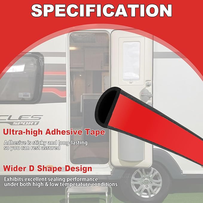 Silicone D Shape Weather Stripping Rubber Seal, 20FT Self Adhesive Weather Stripping for Boat, Auto, RV, Marine, Garage Doors/Window, W:3/4 in; H:3/8 in; 20Feet