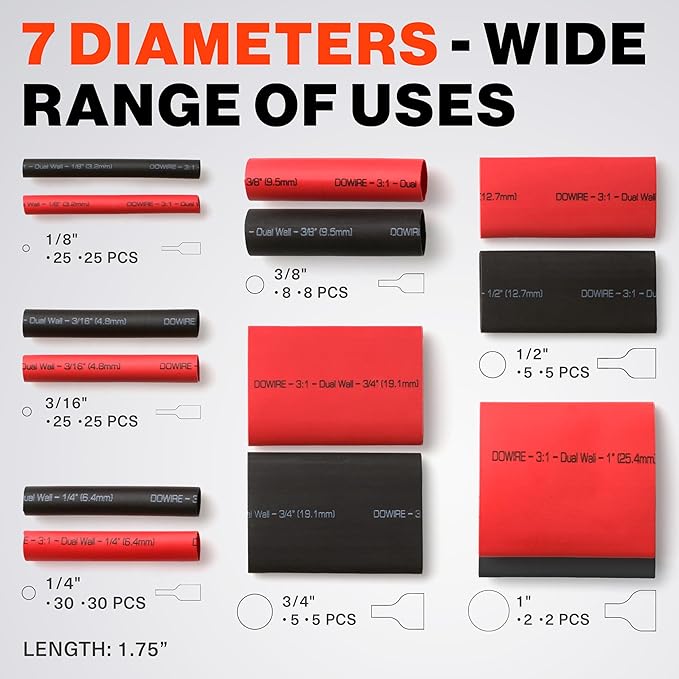 Heat Shrink Tubing Kit - 3:1 Ratio - Adhesive Lined - Wire Shrink Wrap Tubing - Waterproof Marine Grade Shrink Tube - 200 PCS - Black, Red