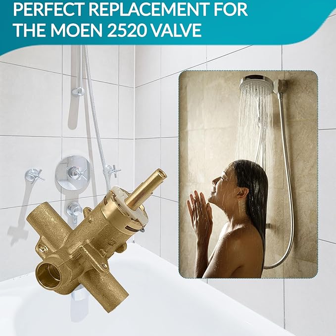 2520 Shower Valve, Brass Pressure Balancing Shower Valves Replacement for Moen 2520-1/2-Inch CC Connection, for Moen Trim Kit, 4-Port Design with 1222 Cartridge Included