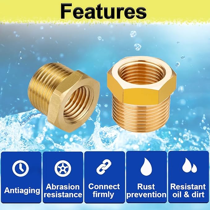 3/4" NPT Male to 3/8" NPT Female Reducer Hex Bushing, Heavy Duty Brass Threaded Pipe Fitting Reducer Adapter Apply for 0.92" I.D. and 0.64"O.D. Pipe