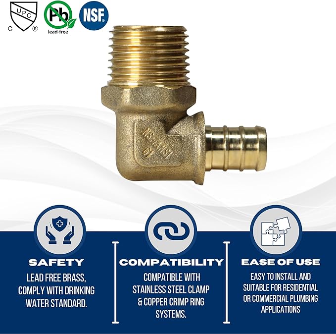 2 Pieces XFITTING 1/2" Pex x 1/2" Male NPT Threaded Elbow, 90 Degree Brass Crimp Fitting - Brass, Full Port