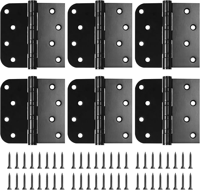 6 Pack Ball Bearing Door Hinges, 4 Inch x 4 Inch Heavy Duty Stainless Steel Door Hinges with Square & 5/8'' Round Radius Corner for Exterior & Interior Doors, Black