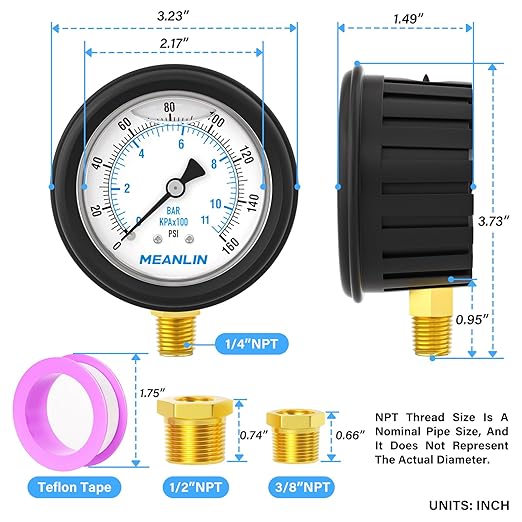 MEANLIN MEASURE 0~160Psi Stainless Steel 1/4" NPT 2.5" FACE DIAL Liquid Filled Pressure Gauge, Lower Mount (with Rubber Protective Sleeve), with 1/2" NPT and 3/8" NPT Hex Bushing