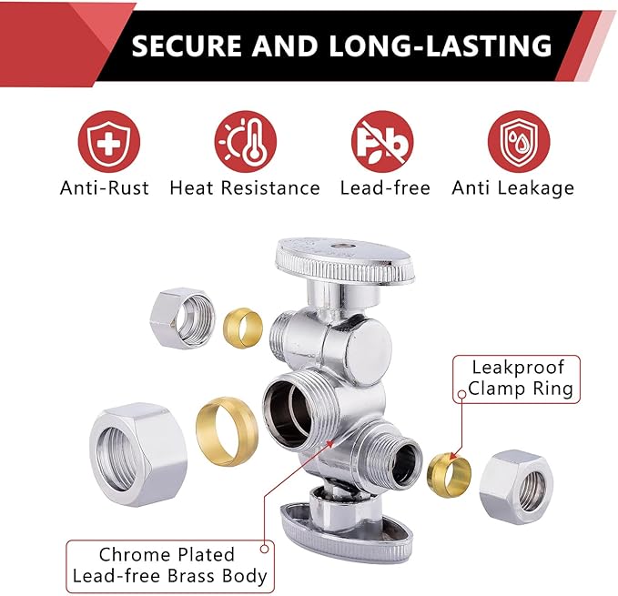 (Pack of 5) EFIELD 1/4-Turn Dual Compression Outlet Angle Stop Valve with 2 Shut Off Valve/Handles, 1/2" NOM (5/8" OD) x (3/8 inch x 1/4 inch) Chrome For Faucet Toilet,(VALVE137-5PCS)