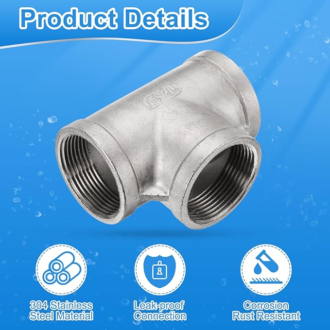 uxcell 304 Stainless Steel Tee Pipe Fittings G1-1/2" Female Tee Adapter 3 Way t Shaped Cast Pipe Fitting Connector with Seal Tape for Plumbing Drainage Pipes Heating Systems