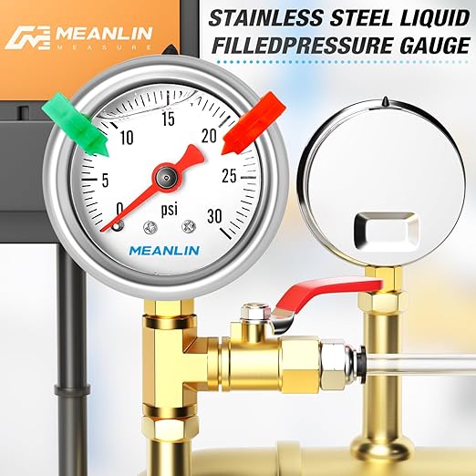 MEANLIN MEASURE 0~30Psi Pressure Gauge, Glycerin Filled 1/8" NPT 1.5" FACE DIAL, Stainless Steel Liquid Filled Pressure Gauge WOG Water Oil Air Lower Mount (with 2PCS Snaps)