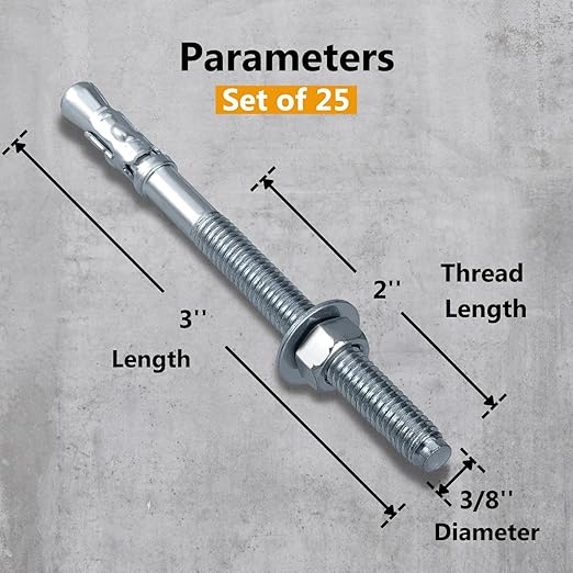 Party Animals 3/8 x 3 Inch Wedge Anchor, 25 PCs Zinc-Plated Industrial Anchor Bolts for Cement, Concrete