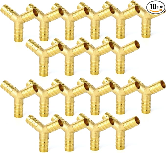 GASHER 10Pcs 1/4 Inch Brass Hose Barb, 3-Way Y-Shaped Hose Fitting Intersection/Lquid/Fuel/Air