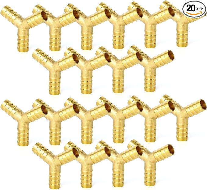 GASHER 20Pcs 1/2 Inch Brass Hose Barb, 3-Way Y-Shaped Hose Fitting Intersection/Lquid/Fuel/Air