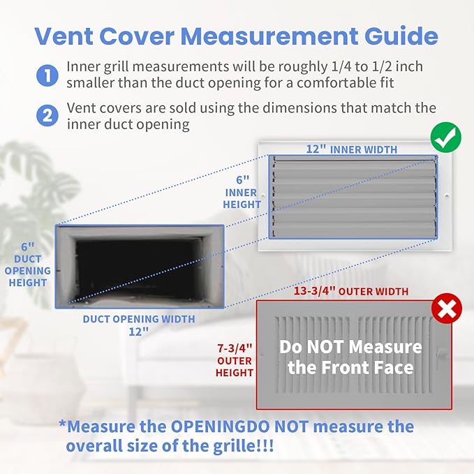 12 x 6 Inch [Duct Opening] Air Vent Covers for Wall or Ceiling - High Airflow 2 Way Steel Ventilation - Adjustable Wall/Ceiling Register, 13-3/4 Inch x 7-3/4 Inch [Overall Dimensions]