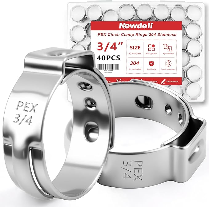 Newdeli 40pcs 3/4 inch Pex Crimp Rings Stainless Steel PEX Clamps Single Ear Hose Clamps Pex Fittings Cinch Pinch Clamp for Pipe Tubing Plumbing