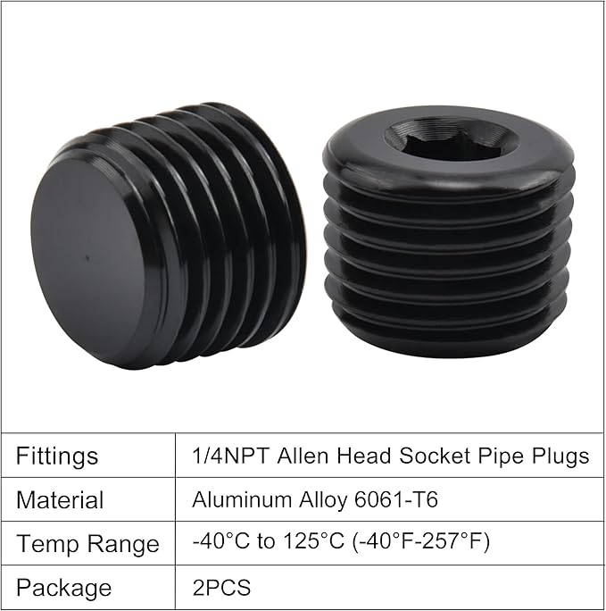 EVIL ENERGY 1/4" NPT Plugs Aluminum Socket Allen Head Black, Pack of 2