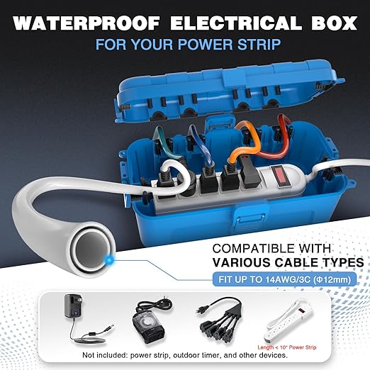 Flemoon [2 Pack] Outdoor Electrical Box Waterproof, Medium Weatherproof Electrical Box (11.5x5.2x4 inch) w/6 Cable Entry Ports, Extension Cord Cover for Power Strip, Timer, Plug, Holiday Light, Blue