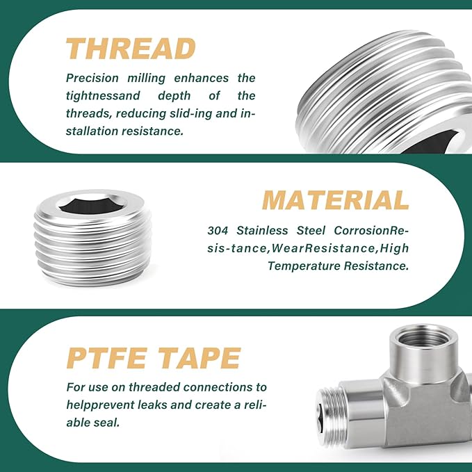 10PCS 304 Stainless Steel Internal Hex Thread Socket Pipe Plug Fitting, 1/8" NPT Male, for Fuel/Airl/Water/Gas/Oil