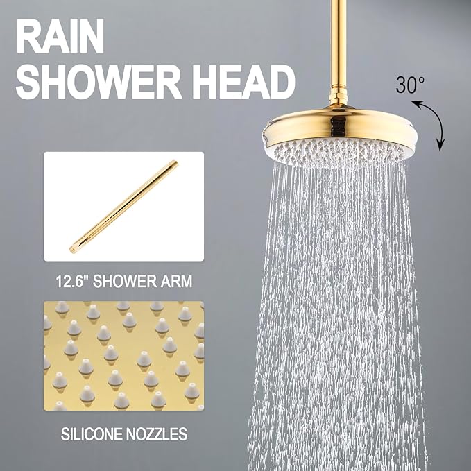 Enga Antique Shower Faucet Sets Dual Heads with 4 Body Jets, 8" + 6" Ceiling & Wall Mount Vintage Shower Head with Handheld Spray Combo, 4 Way Diverter Brass Valve, Bright Gold