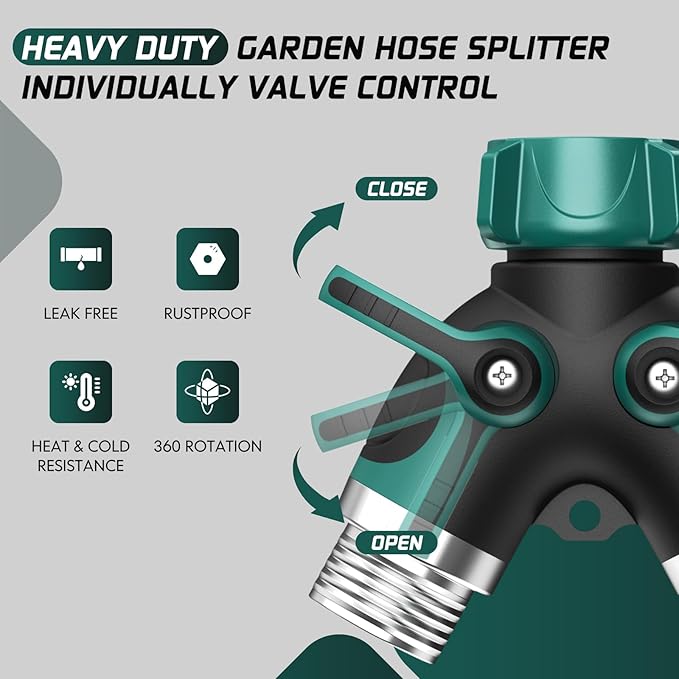 2 Way Garden Hose Splitter with Shut Off Valve,Water Spigot Splitter for 3/4" Hose Connector,Heavy Duty Metal Outdoor Faucet Splitter Y Connector for Hose,with 3 Leakproof Washers & 1 tape(2, Green)