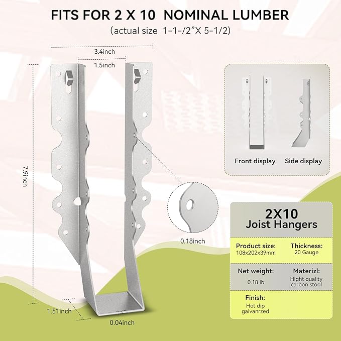50pcs 2x10 Joist Hanger,LU210 20 Gauge Galvanizing Face Mount Joist Hangers for Wood,Hurricane Tie for Rafter Fits Truss Connectors,Rafter Hangers 2x10 Great for Floor Deck and Ceiling Joists