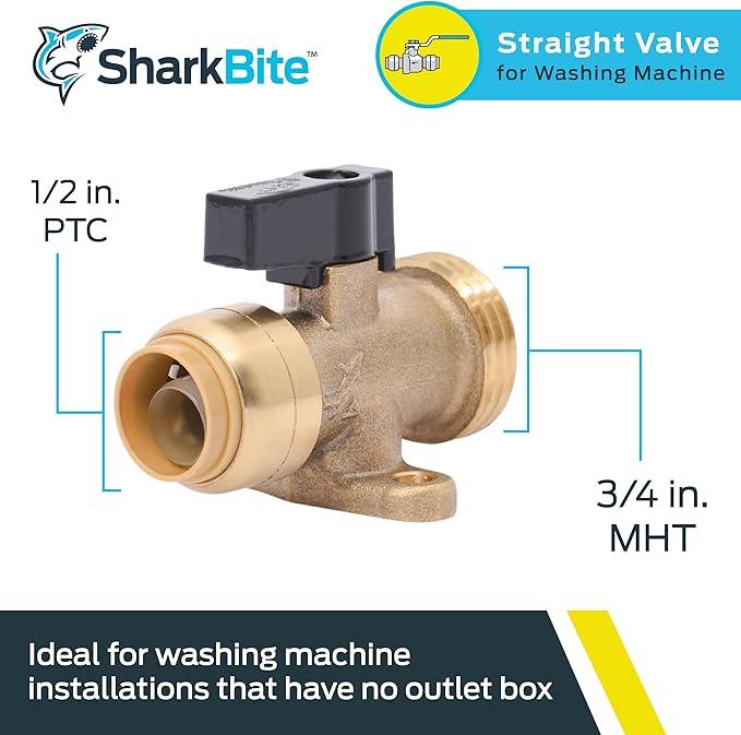 SharkBite 1/2 Inch x 3/4 Inch MHT Washing Machine Straight Valve, Push to Connect Brass Plumbing Fitting, PEX Pipe, Copper, CPVC, PE-RT, HDPE, 25559LF
