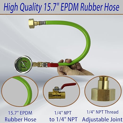 Stainless Steel Water Pressure Gauge Kit - 15.7'' Hose, 0-200 Psi, 3/4" GHT Female Thread for Home, Industrial, Garden, Green