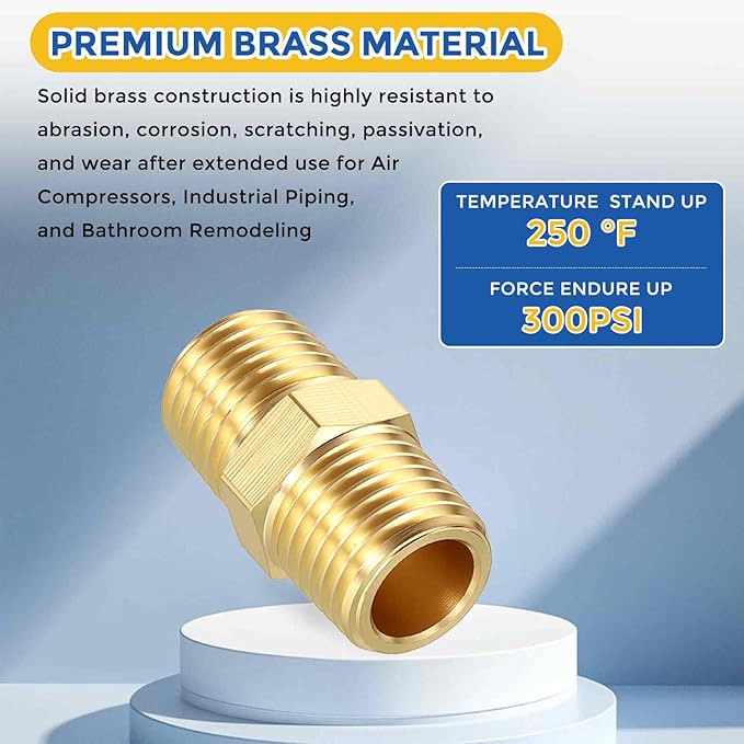 8 Pack Brass Pipe Fittings, 1/4" Male NPT to 1/4" Male NPT Brass Hex Nipple, Male Pipe Adapter Reducer for Air, Oil, LP