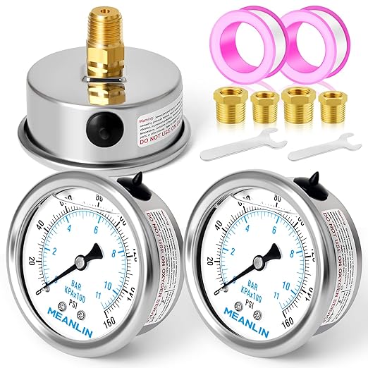 MEANLIN MEASURE 0~160Psi Stainless Steel 1/4" NPT 2.5" FACE DIAL Liquid Filled Pressure Gauge WOG Water Oil Air Back Mount (Pack of 2), with 1/2" NPT and 3/8" NPT Hex Bushing