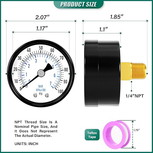 0-100psi Well Pump Pressure Gauge 1/4" NPT 2" Face Dial Size Back Mount, Multifunctional Practical Dry Pressure Gauge, for Water, Oil and Air Compressor