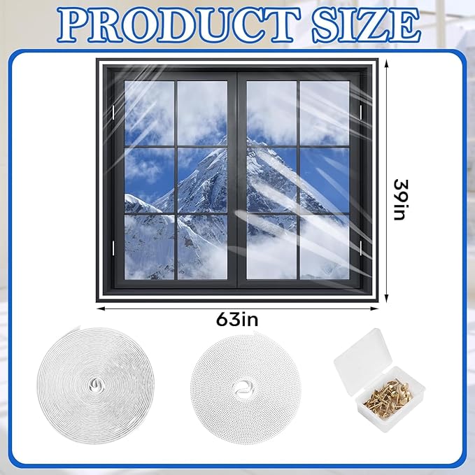 39×63inches Window Insulation for Winter, Plastic Window Cover for Winter,Thermal Window Insulation Kit for Winterizing,Thick Transparent Window Seal Film for Winter Window Covering