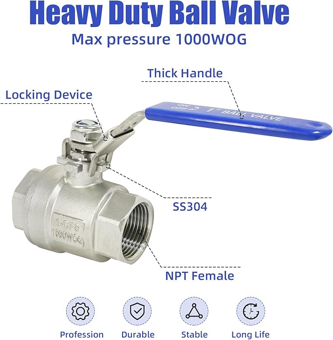 YADIAN 4 Pack 1" NPT Female Ball Valve Stainless Steel 304 Full Port Ball Valve Heavy Duty Shut Off Valve 1 inch for Water, Oil, and Gas with Locking Device, NPT Female, 1000 WOG, Pack of 4