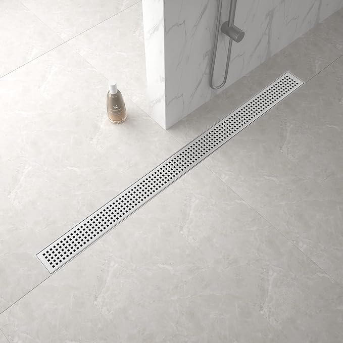 Linear Shower Drain 36", 304 Stainless Steel Floor Drain with Grid Drain Cover & Hair Strainer, Rectangular Shower Drain w/CUPC Certified, Brushed