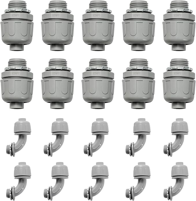 Conduit Connectors, 1/2 Inch Liquid Tight Connector NPT Non-Metallic for PVC Electrical Flexible Conduit Fittings, 10 Straight and 10 Angle 90 Degree, UL Listed, Grey (20-Pack)