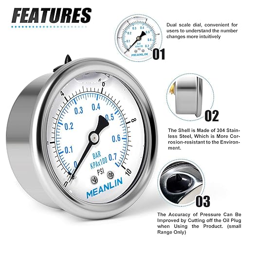 MEANLIN MEASURE 0~10Psi Stainless Steel 1/4" NPT 2.5" FACE DIAL Liquid Filled Pressure Gauge WOG Water Oil Air Center Back Mount, with 1/2" NPT and 3/8" NPT Hex Bushing