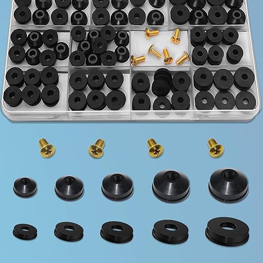 106 pcs Flat and Beveled Faucet Washers and Brass Bibb Screws Assortment for Use with Assorted Quick-Opening Style Faucets Stem Worn Out Washer Replacements Black