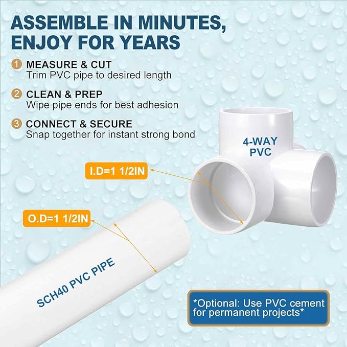 2 Pack 1 1/2" SCH40 PVC Elbow Pipe Fittings, 4-Way PVC Elbow Corner Side Outlet Tee Fitting, Furniture Grade Pipe Connectors for DIY Projects, Pond Protection,Socket x Socket,White