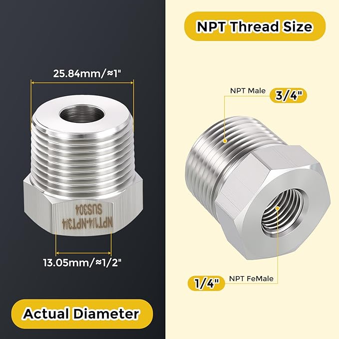 METALLIXITY 5PCS 3/4" Male NPT x 1/4" FeMale NPT Thread 304 Stainless Steel Hex Bushing Extension Tube Adapters Convert for Water Tub Spout/Shower