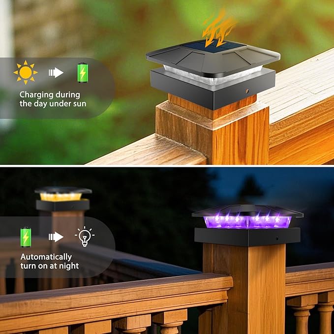 Peasur 2 Packs 4x4 Solar Post Cap Lights Outdoor, Purple & Warm White LED Fence Caps Light Waterproof, Wood & Vinyl Post Top Lighting for Deck Mailbox Railing Porch Outside
