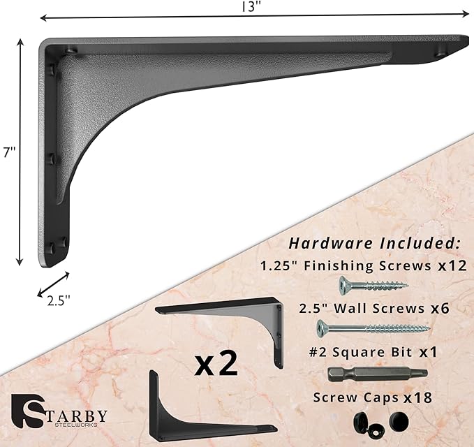 Starby Gladiator Series Solid Heavy Duty Welded 500 Lb Low Profile Granite Countertop Support Shelf Brackets Floating Shelf Discrete Slim 500 LB Capacity (2 Pack) (7" x 13" x 2.5")