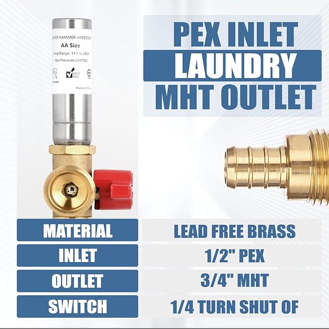 Premium Washing Machine Outlet Box, with Stainless Steel Water Hammer Arrestor, 1/2-Inch Pex Crimp x 3/4-Inch MHT Connection, Laundry Washer Valve Outlet Box with Clear Text Instructions