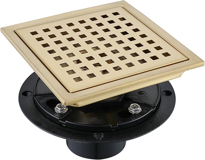 6 Inch Square Shower Floor Drain, Stainless Steel Black Shower Drain Kit with Flange, Floor Drain with Removable Grid Cover,Brushed Gold