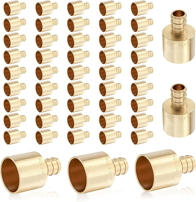 (50-Pack) PEX Fittings, Pex 1/2"x3/4" Female Sweat Copper Adapter, Brass Crimp Fittings, for PEX Tubing Pipe Plumbing, ASTM F1807(PEX1807131-50Pack)