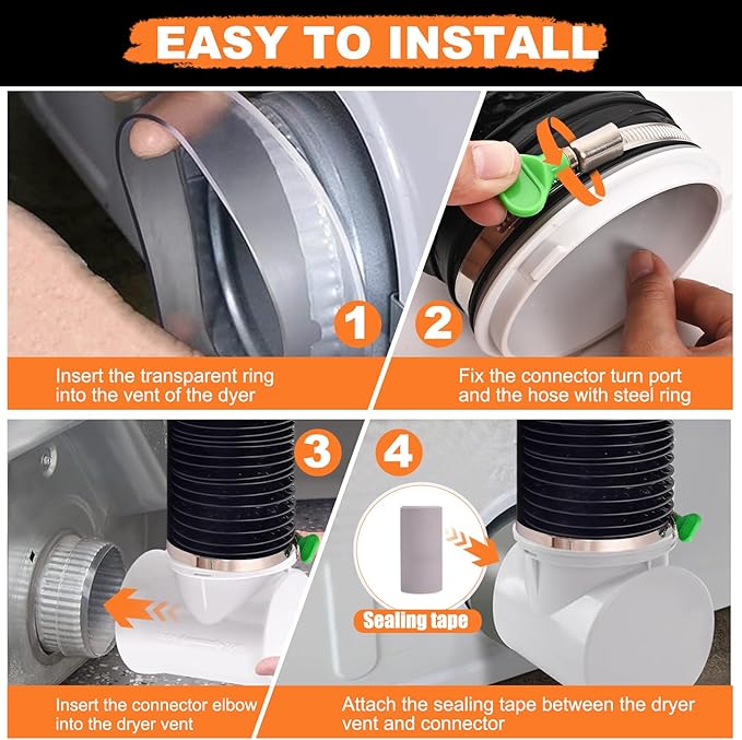 Dryer Vent Connector Kit,90 Degree Dryer Vent Elbow+10ft 6-Layer Flexible Hose & Sealing Kit for 4 Inch Dryer Duct, Dryer Adapter,Space-Saving Design for Tight Space
