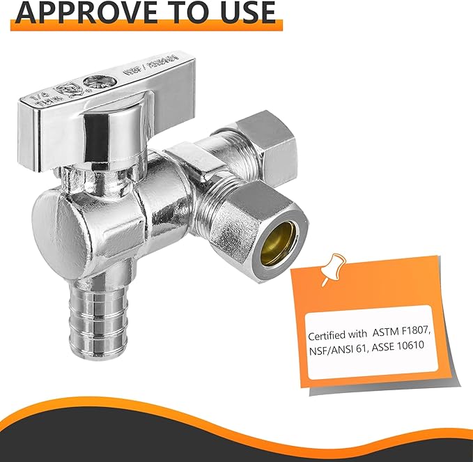 5-PCs HeSun Barb Crimp Inlet Angle Stop Valve, Quarter-Turn 1/2" PEX-B x 3/8" OD x 3/8" OD Compression, Dual Compression Outlet Shut Off Valve, PEX Chrome Plated Brass, ASTM F1807(VALVE200-5)
