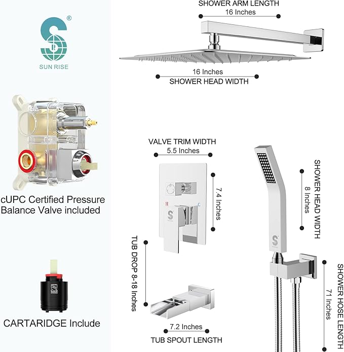SR SUN RISE 16 Inches Bathtub Faucets Sets Complete Shower System with Tub Spout Wall Mounted Square Shower Head with Handheld Spray Shower Fixtures Contain Valve and Trim Kit, Polished Chrome