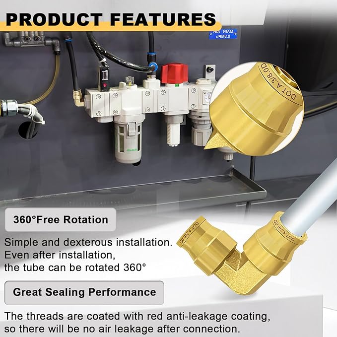 Siptenk 3PCS 3/8" Elbow DOT Brass Push to Connect Fittings, 3/8" OD Tube Air Brake Line Quick Connect for Truck Trailers Industry Air System